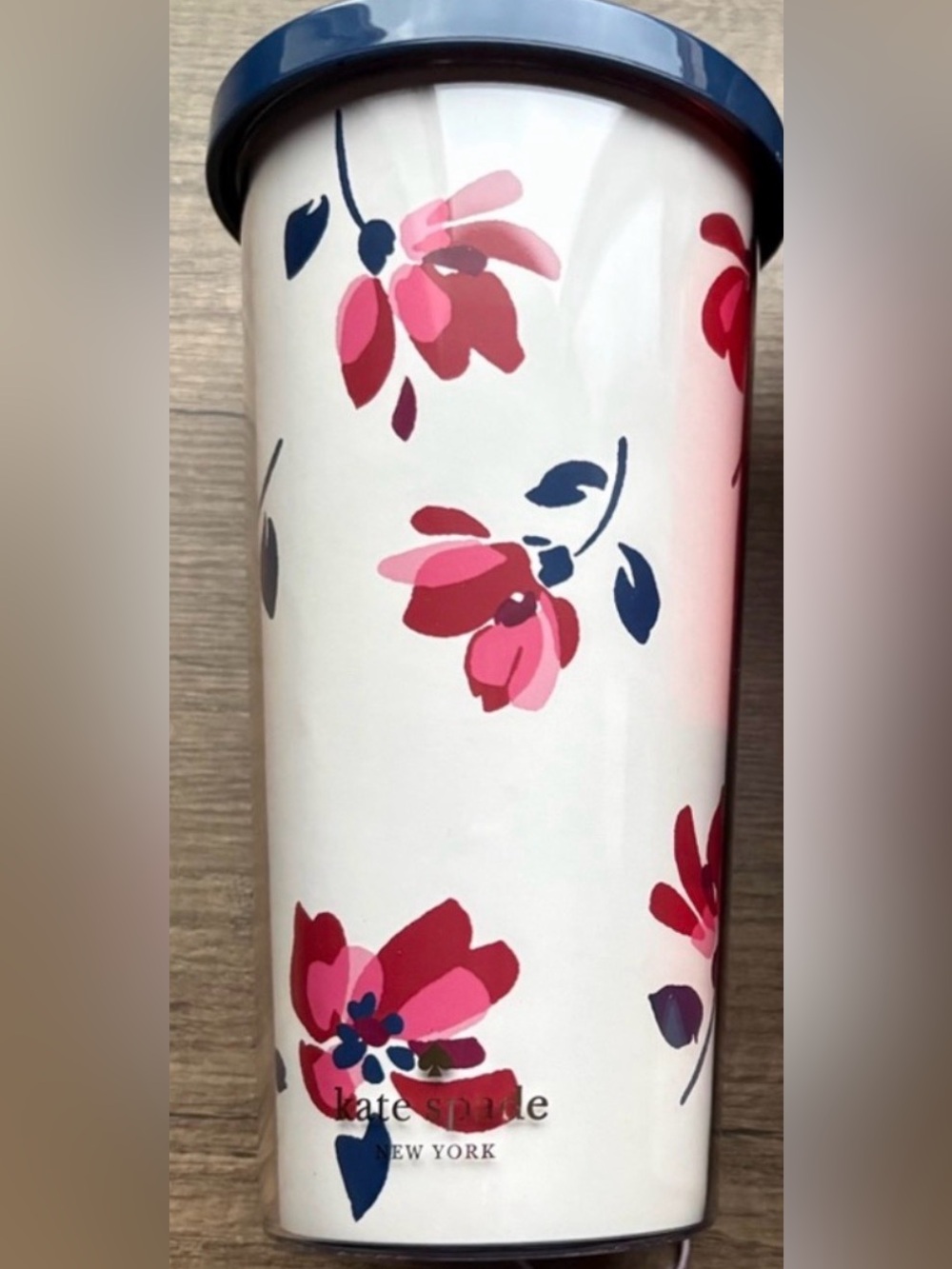 kate spade White Ceramic Tumbler with Pink Floral and Navy Lid NEW